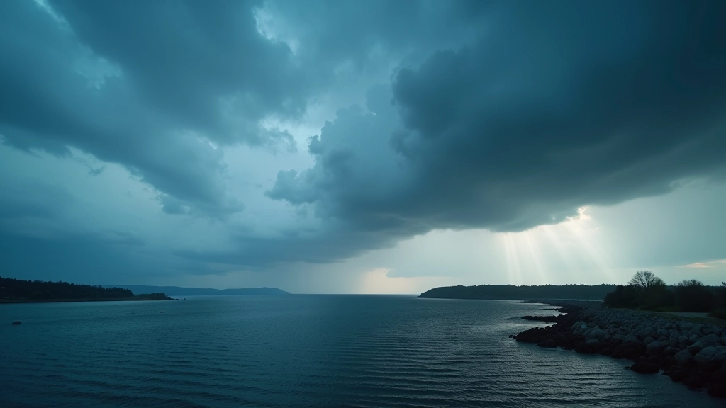 Dangus keičiasi iš šviesaus į tamsų, dramatiškas meteorologinis reiškinys prie jūros kranto, gamtos jėga