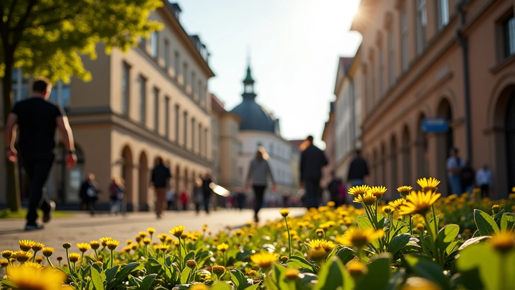 Klaipėdos dramos teatro prieangis su senaisiais pastatais, vakarinė šviesa, turistai aikštėje, žalios nuolatinės gėlės